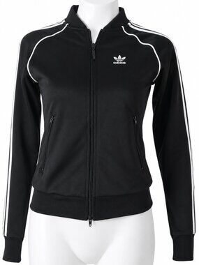 2XS adidas Womens Black Full Zip Track Jacket 3-Stripes Athletic Activewear Yoga
